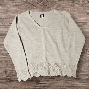 Vintage ALPIMA Alpaca Wool Women M/L Pullover Jumper Sweater VNeck Openwork Lace